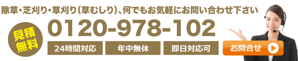 芝刈り・草刈り1坪500円から！！除草・草刈り専門隊。0120-978-102 24時間対応・年中無休・即日対応可